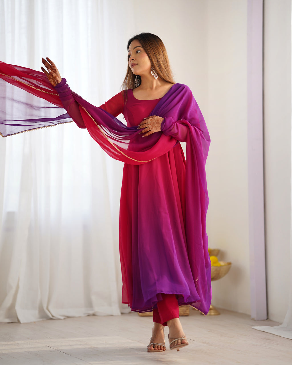Colorful Faux Georgette Padded Anarkali Set with 6.5M Flair & Lace Dupatta