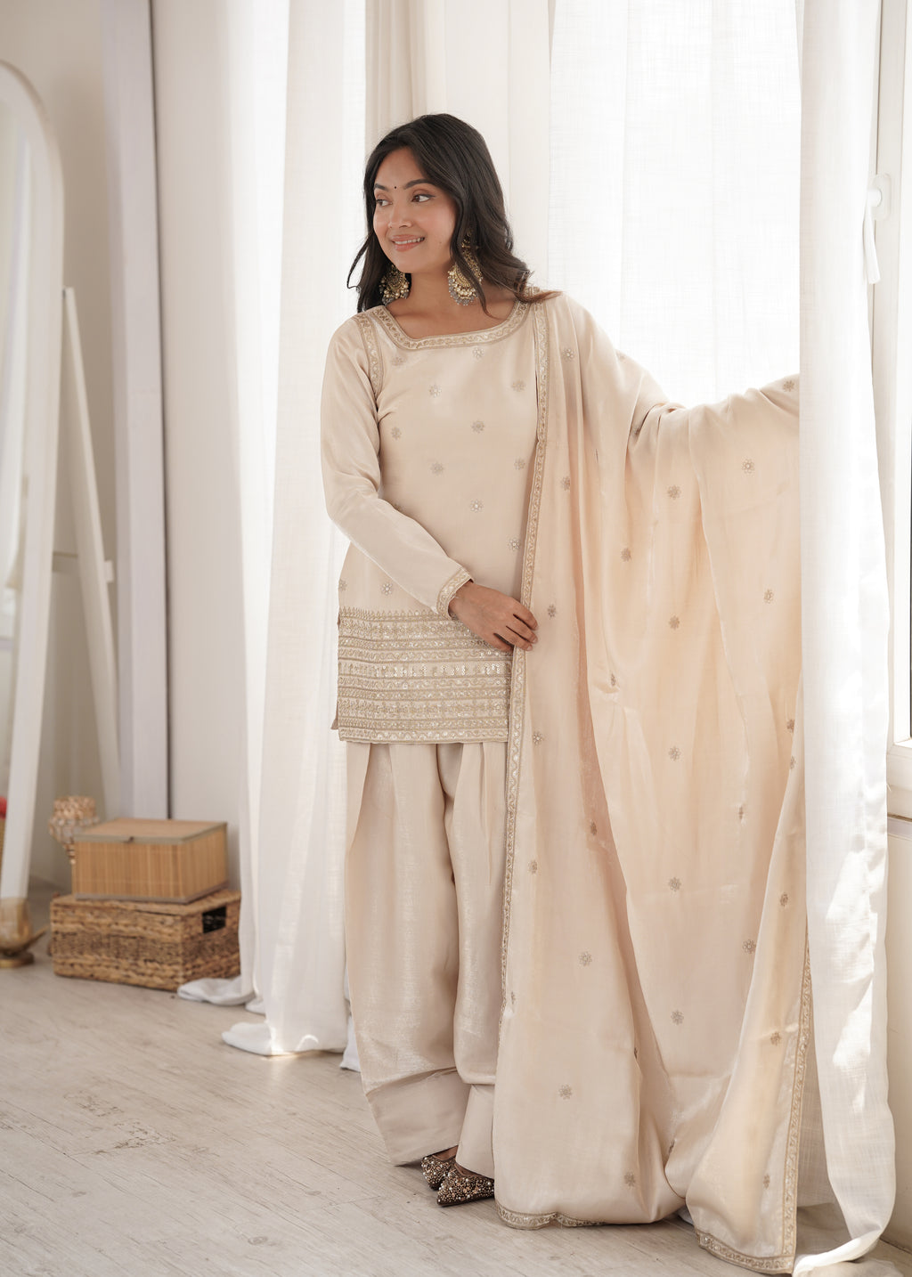 Glass Roman Silk Embroidered Top with Farshi Shalwar Set