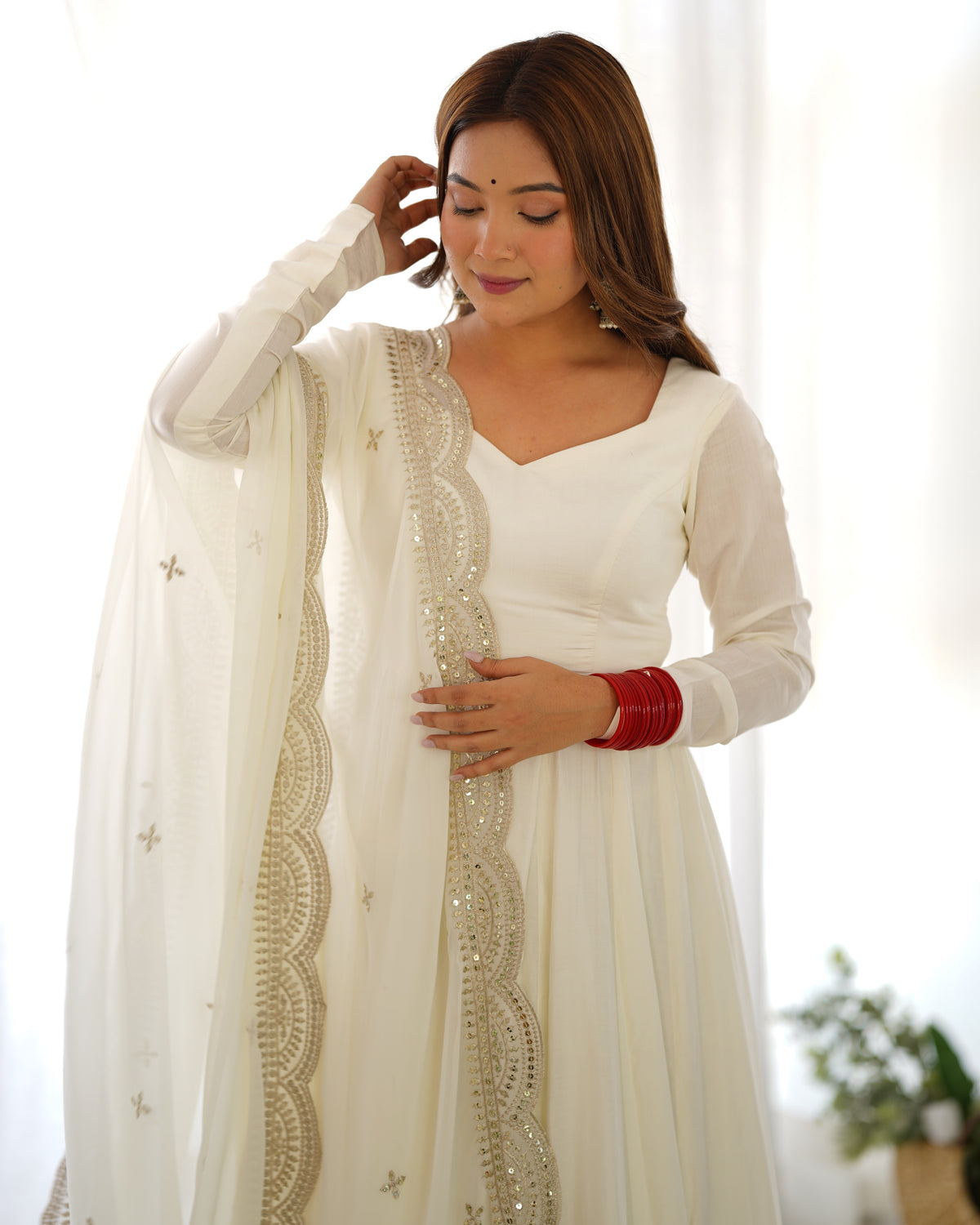 Romansilk Chanderi 16-Kali Anarkali Gown with Sequin Cutwork Dupatta & Stitched Pant
