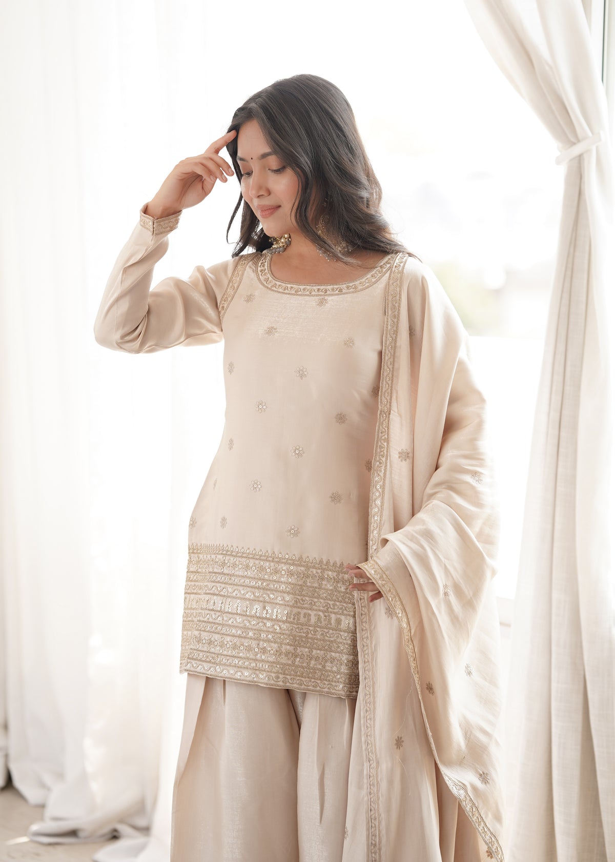Glass Roman Silk Embroidered Top with Farshi Shalwar Set