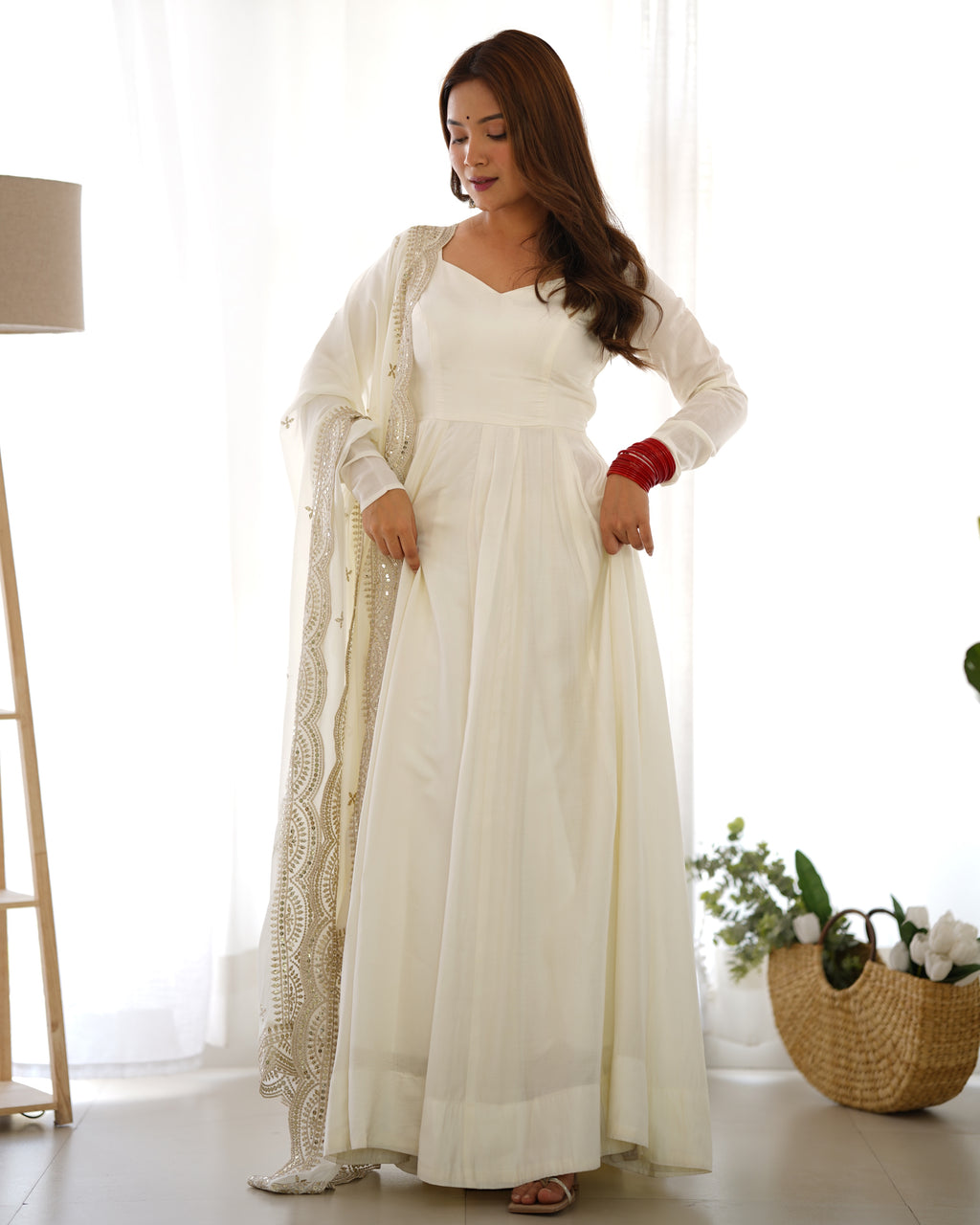 Romansilk Chanderi 16-Kali Anarkali Gown with Sequin Cutwork Dupatta & Stitched Pant