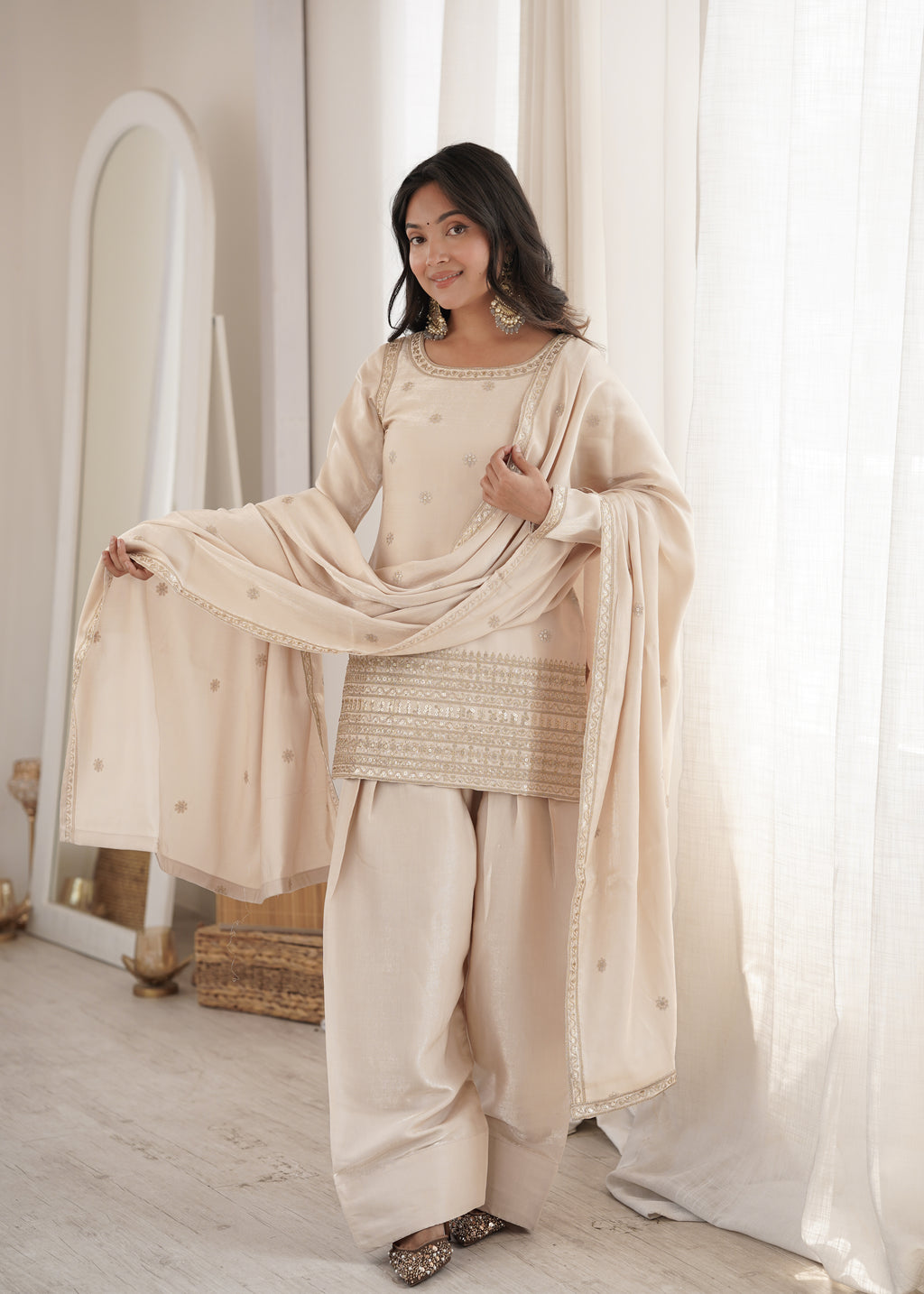 Glass Roman Silk Embroidered Top with Farshi Shalwar Set