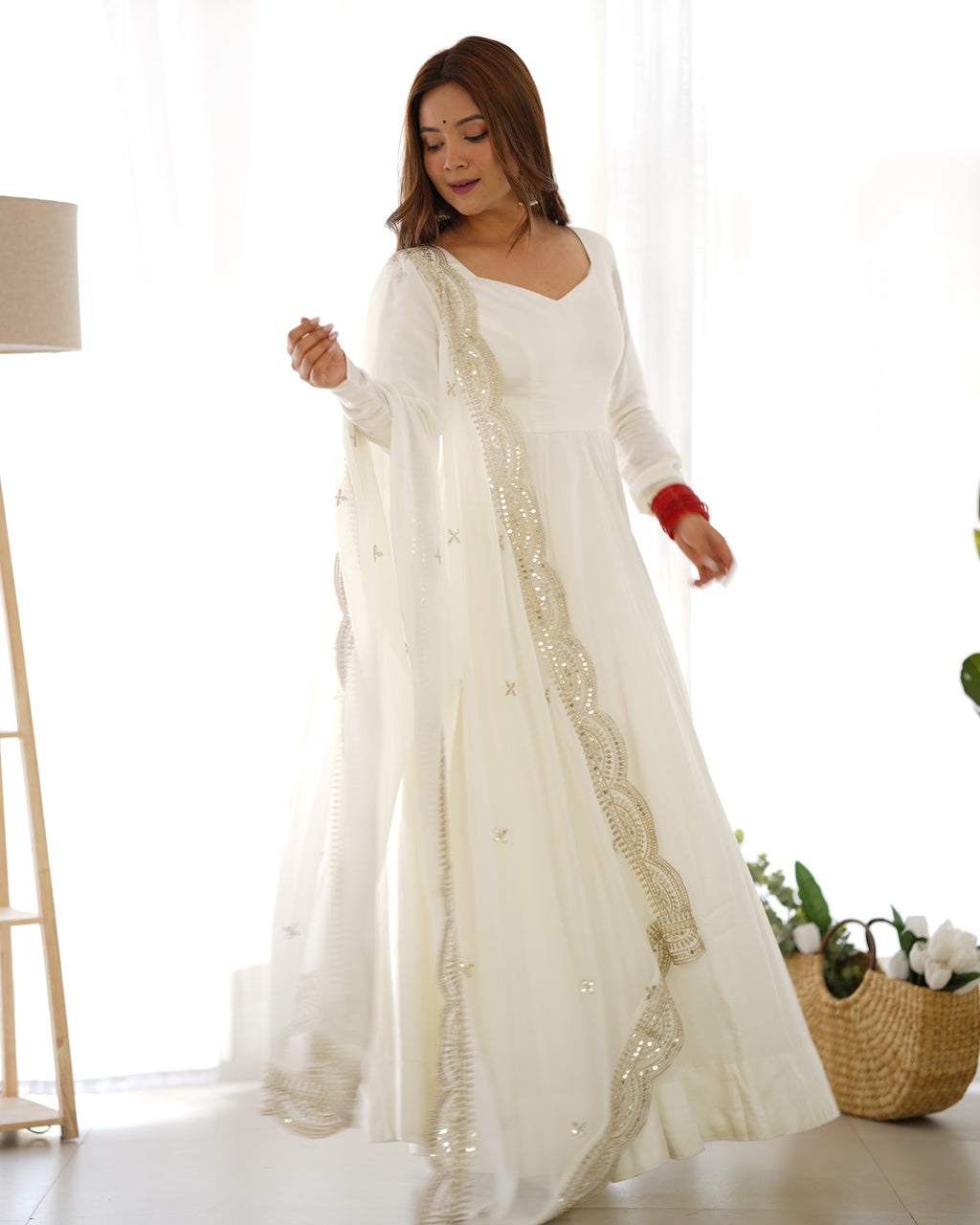 Romansilk Chanderi 16-Kali Anarkali Gown with Sequin Cutwork Dupatta & Stitched Pant