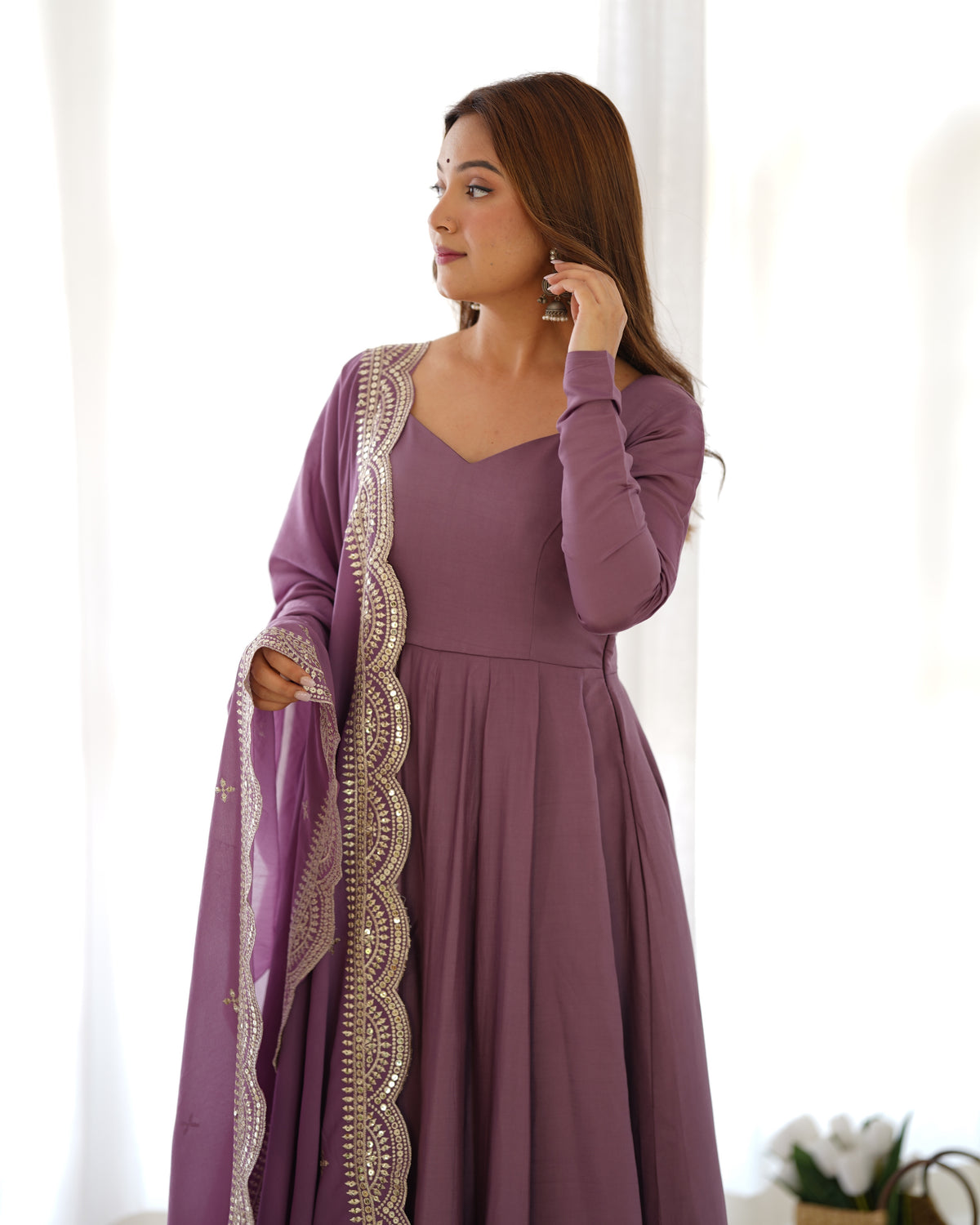 Romansilk Chanderi 16-Kali Anarkali Gown with Sequin Cutwork Dupatta & Stitched Pant