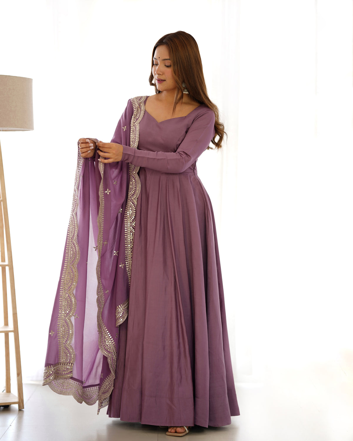 Romansilk Chanderi 16-Kali Anarkali Gown with Sequin Cutwork Dupatta & Stitched Pant