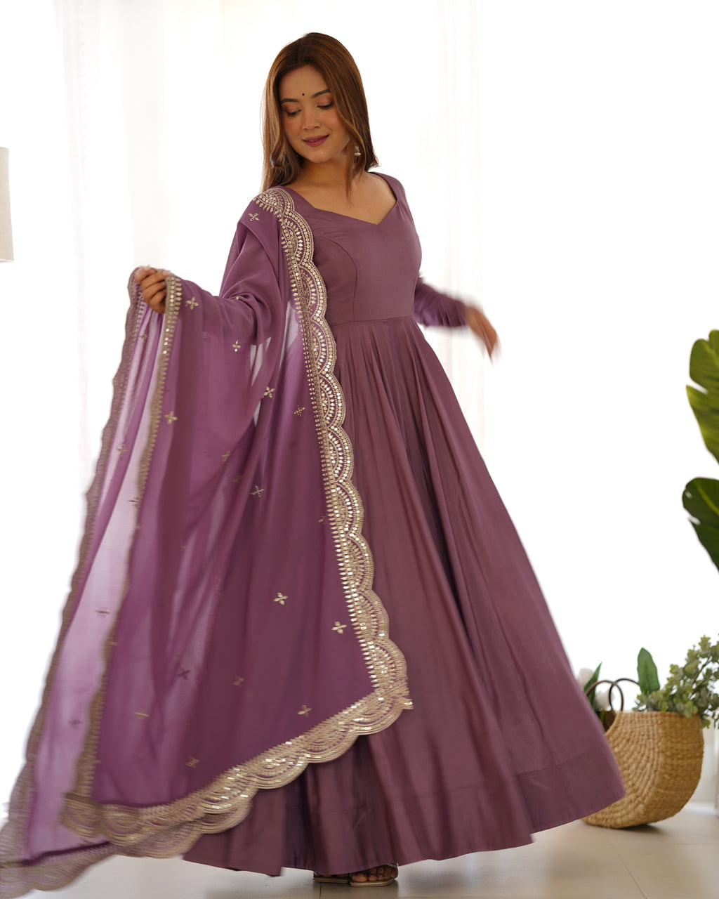 Romansilk Chanderi 16-Kali Anarkali Gown with Sequin Cutwork Dupatta & Stitched Pant