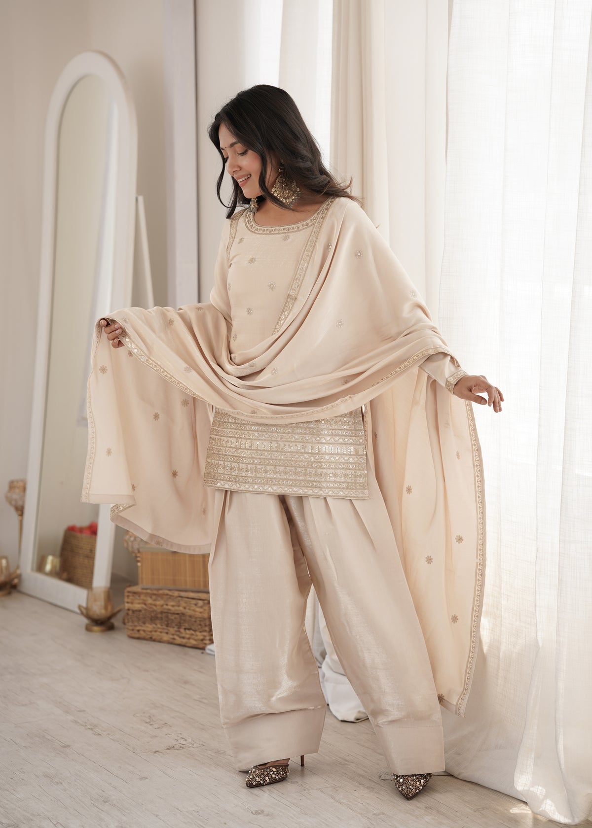Glass Roman Silk Embroidered Top with Farshi Shalwar Set
