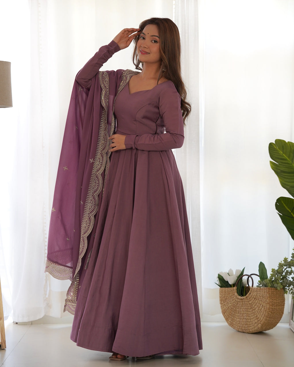 Romansilk Chanderi 16-Kali Anarkali Gown with Sequin Cutwork Dupatta & Stitched Pant