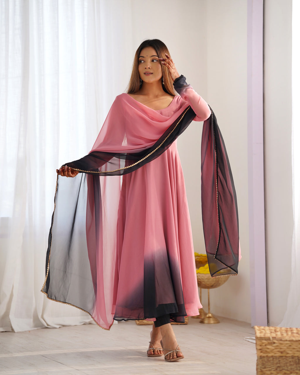 Colorful Faux Georgette Padded Anarkali Set with 6.5M Flair & Lace Dupatta