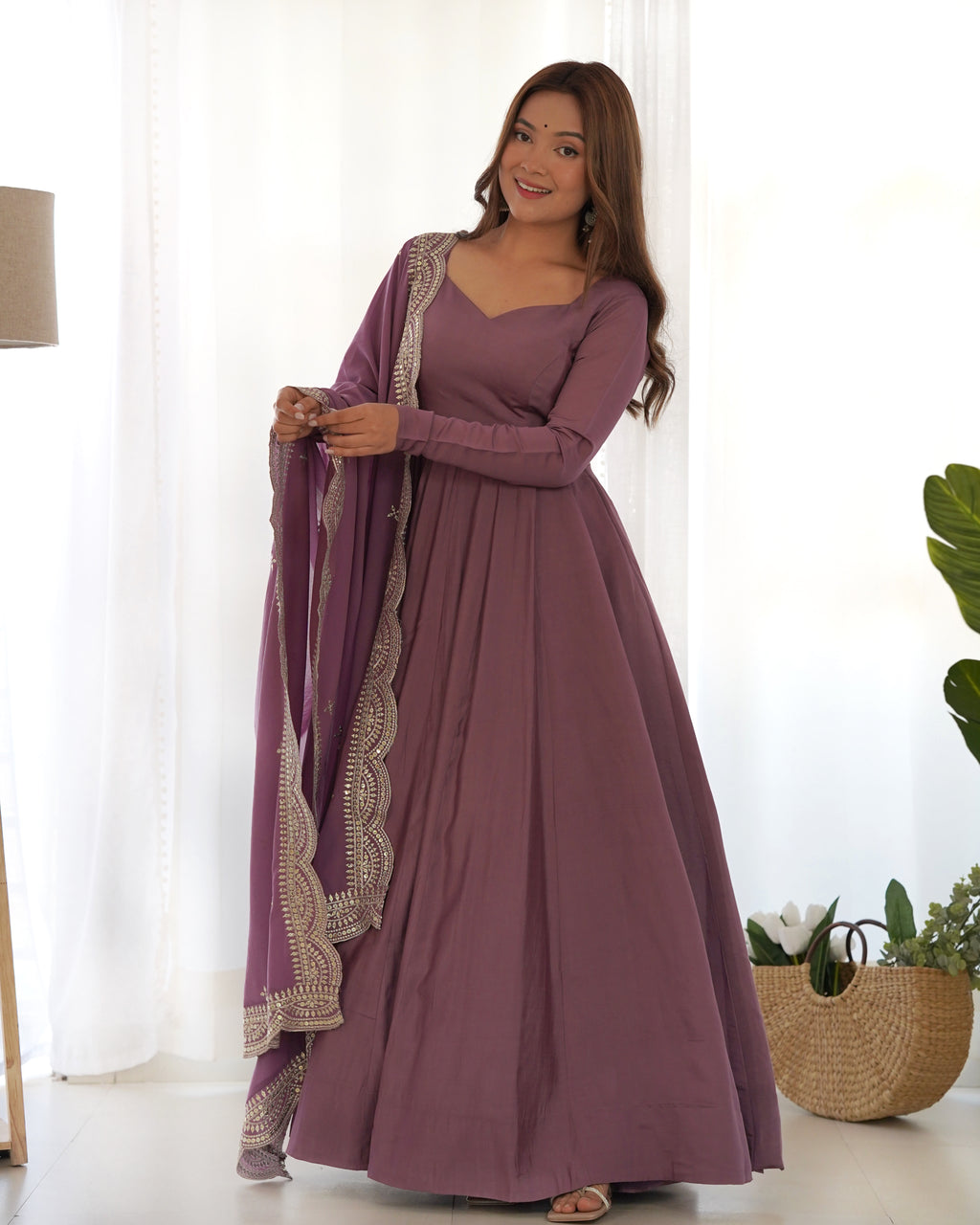 Romansilk Chanderi 16-Kali Anarkali Gown with Sequin Cutwork Dupatta & Stitched Pant