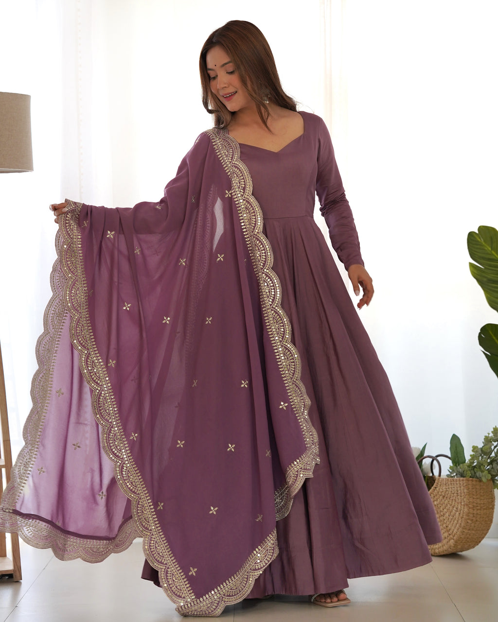 Romansilk Chanderi 16-Kali Anarkali Gown with Sequin Cutwork Dupatta & Stitched Pant