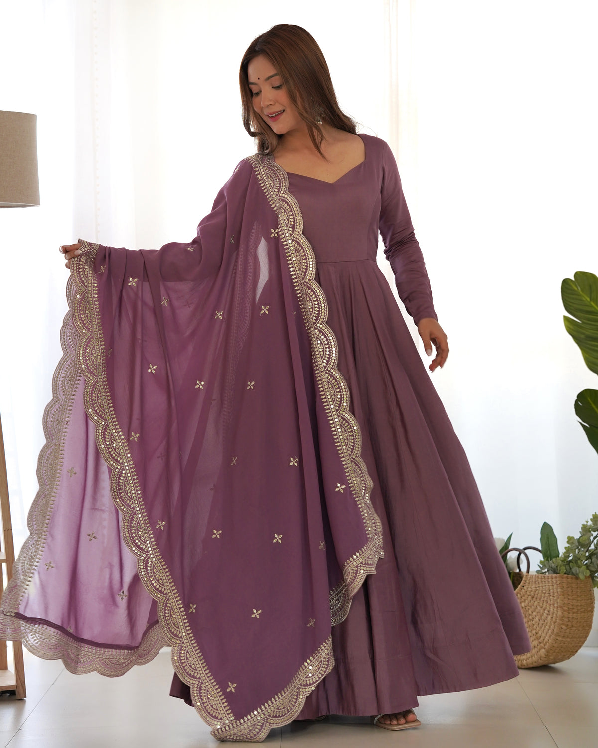 Romansilk Chanderi 16-Kali Anarkali Gown with Sequin Cutwork Dupatta & Stitched Pant