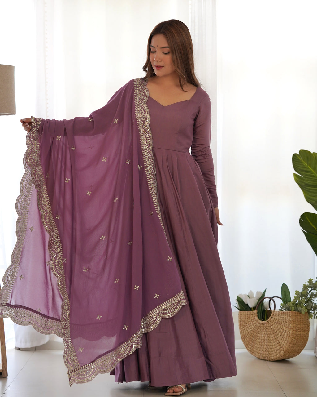 Romansilk Chanderi 16-Kali Anarkali Gown with Sequin Cutwork Dupatta & Stitched Pant