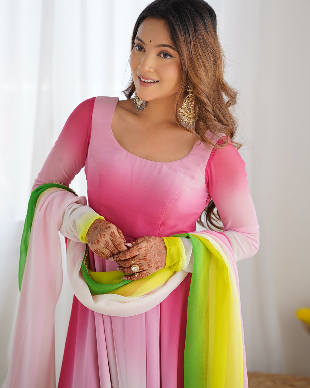 Colorful Faux Georgette Padded Anarkali Set with 6.5M Flair & Lace Dupatta