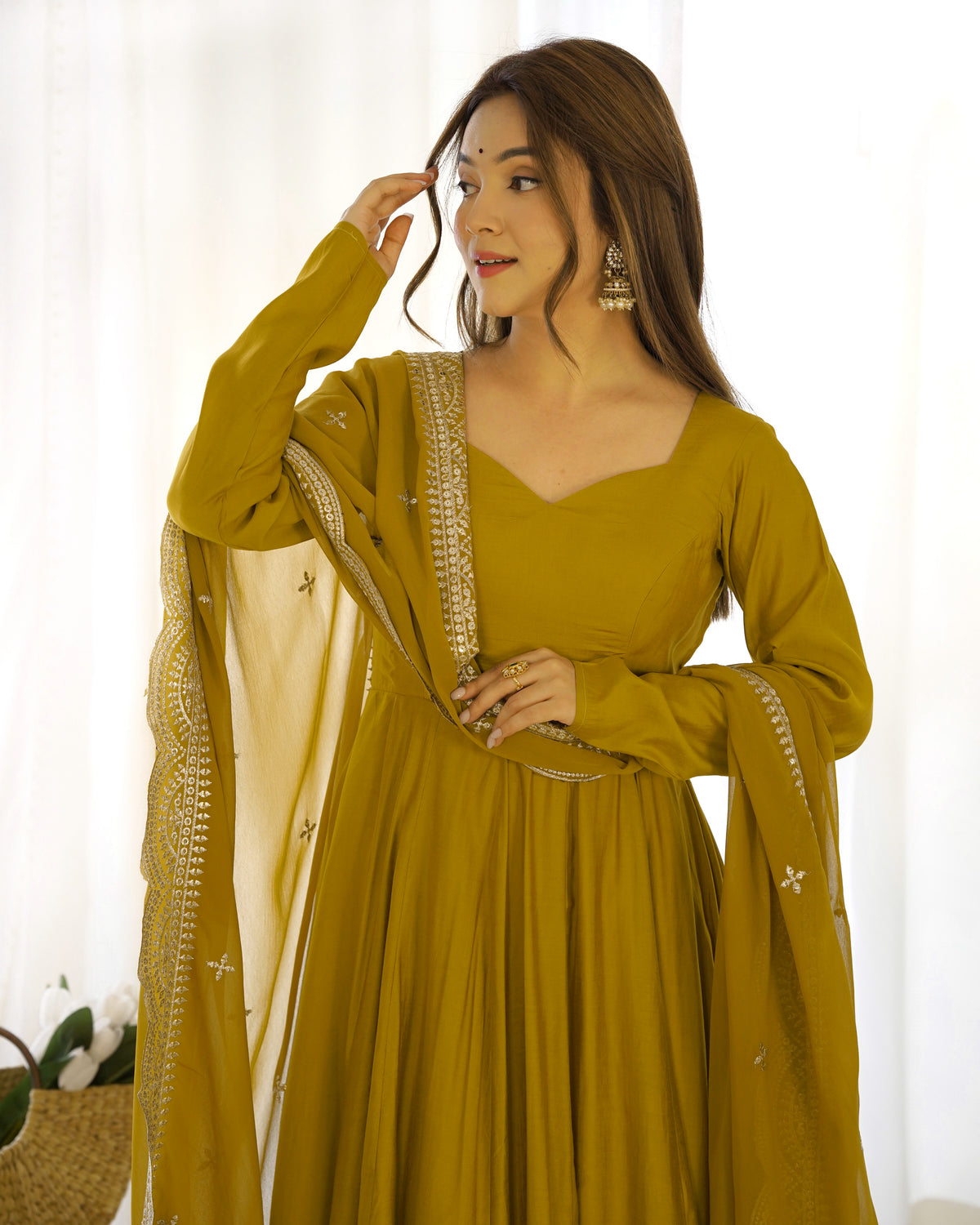 Romansilk Chanderi 16-Kali Anarkali Gown with Sequin Cutwork Dupatta & Stitched Pant