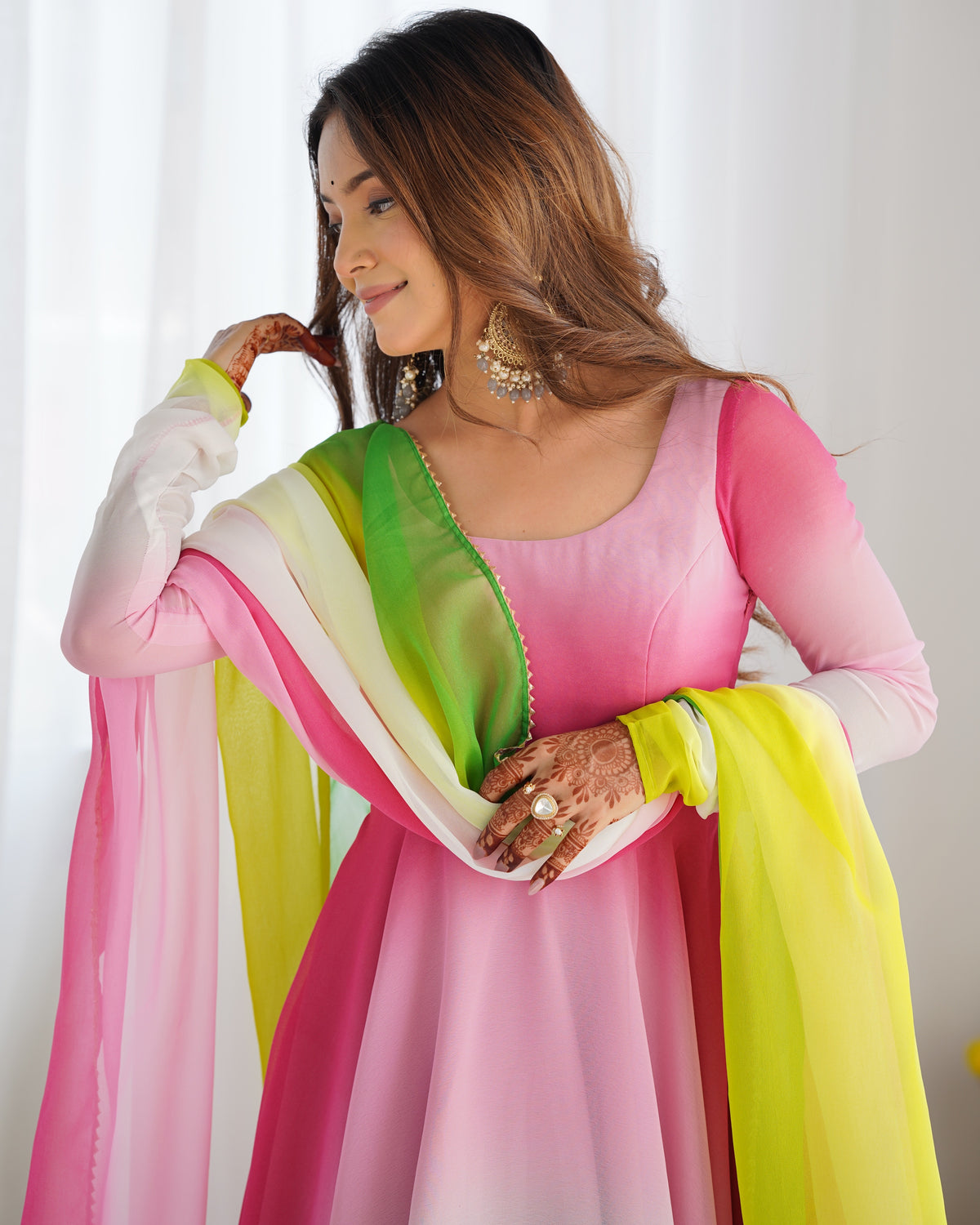 Colorful Faux Georgette Padded Anarkali Set with 6.5M Flair & Lace Dupatta