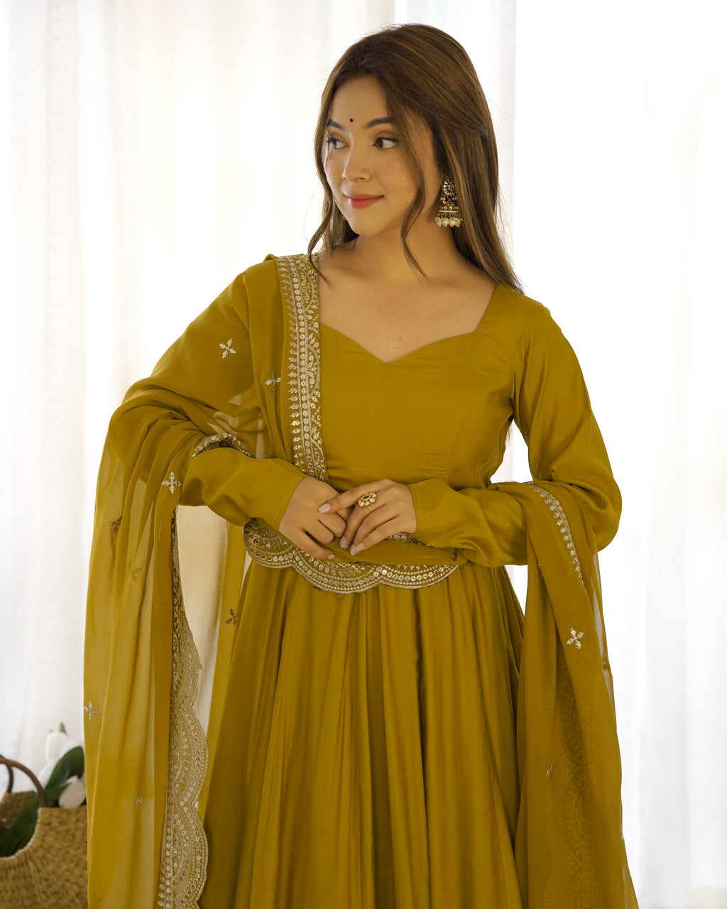 Romansilk Chanderi 16-Kali Anarkali Gown with Sequin Cutwork Dupatta & Stitched Pant