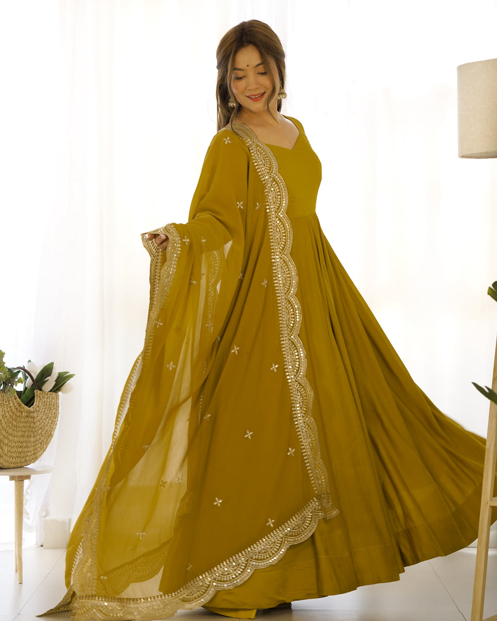 Romansilk Chanderi 16-Kali Anarkali Gown with Sequin Cutwork Dupatta & Stitched Pant