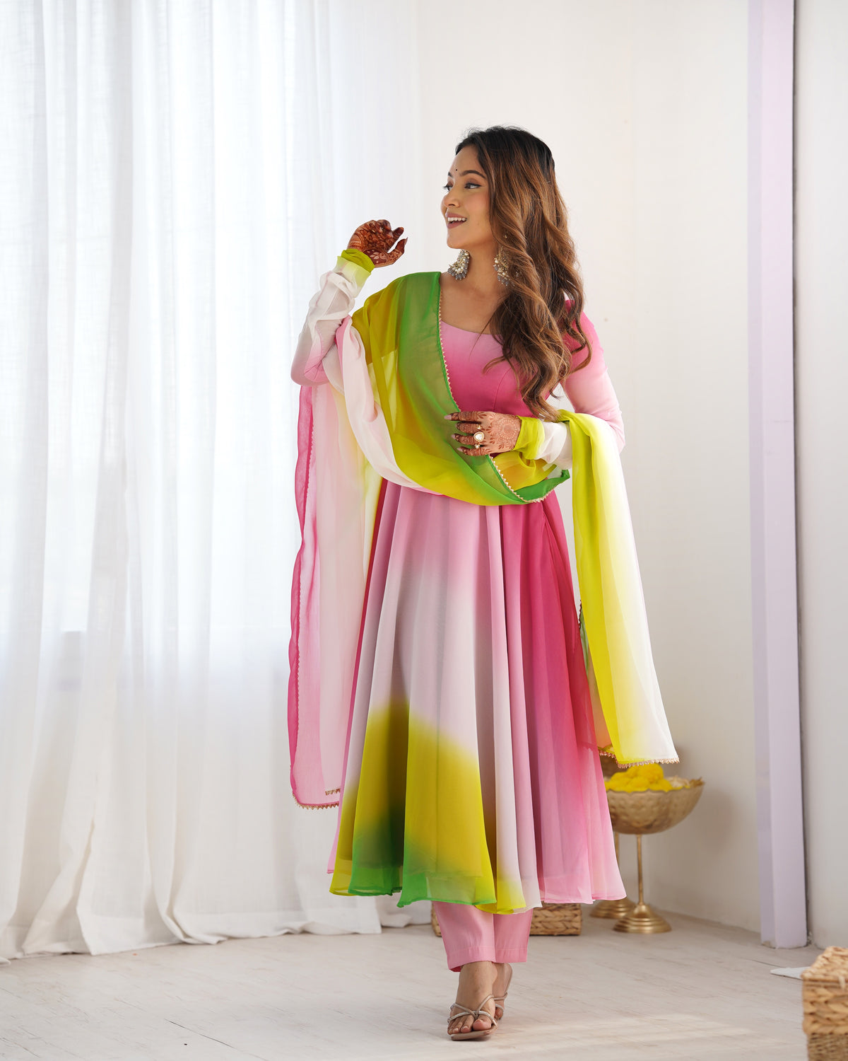 Colorful Faux Georgette Padded Anarkali Set with 6.5M Flair & Lace Dupatta