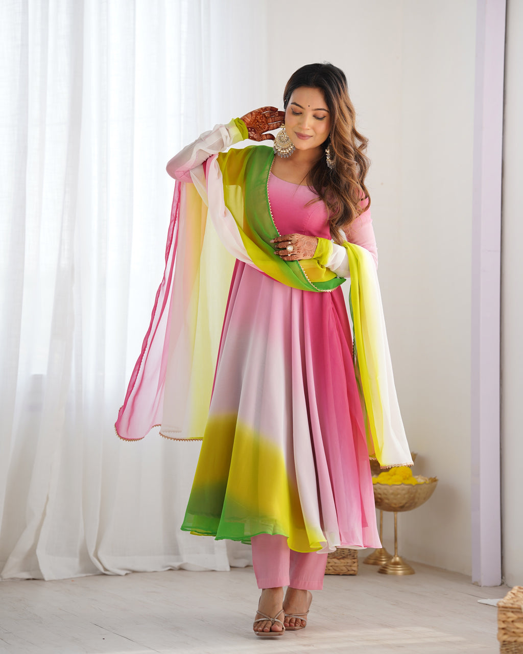 Colorful Faux Georgette Padded Anarkali Set with 6.5M Flair & Lace Dupatta