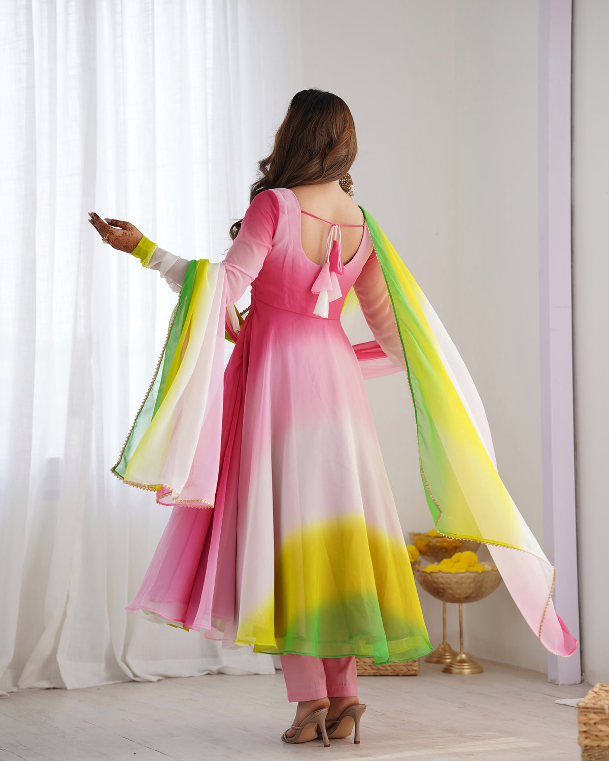 Colorful Faux Georgette Padded Anarkali Set with 6.5M Flair & Lace Dupatta