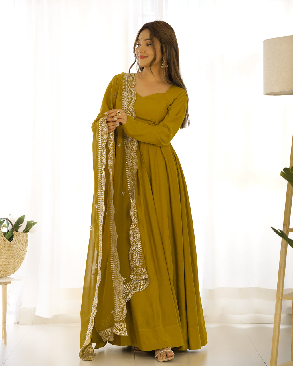 Romansilk Chanderi 16-Kali Anarkali Gown with Sequin Cutwork Dupatta & Stitched Pant