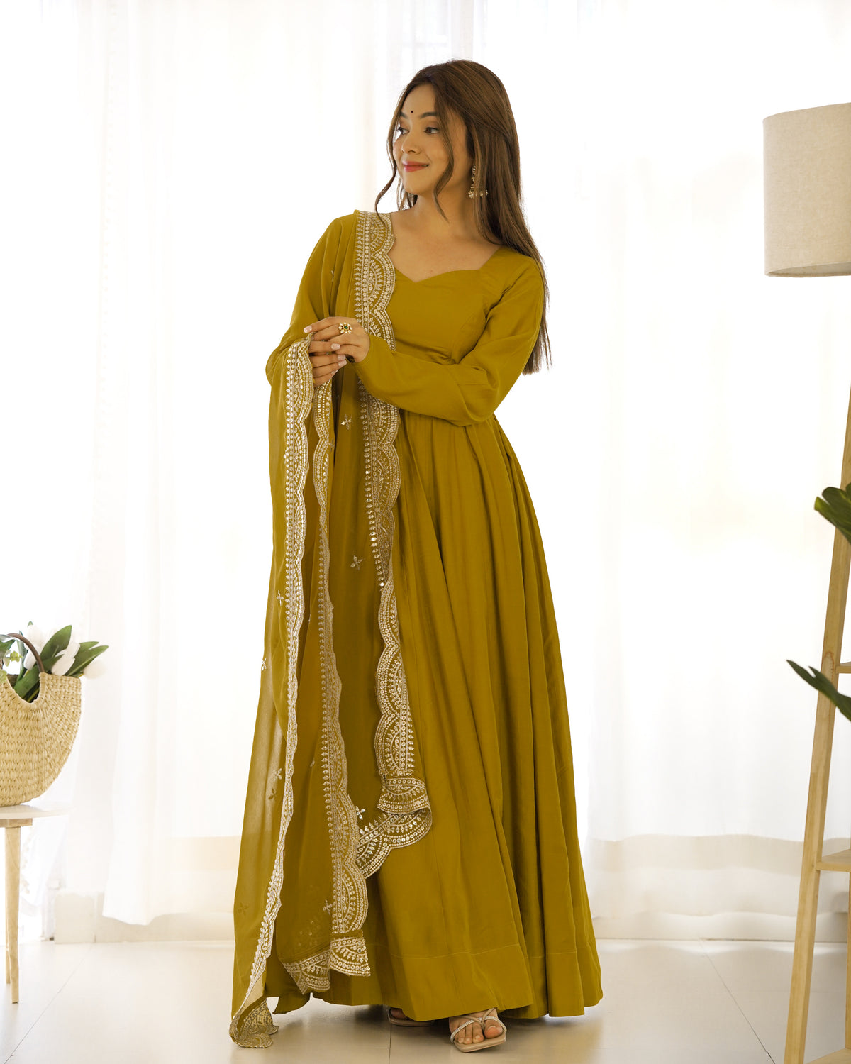 Romansilk Chanderi 16-Kali Anarkali Gown with Sequin Cutwork Dupatta & Stitched Pant