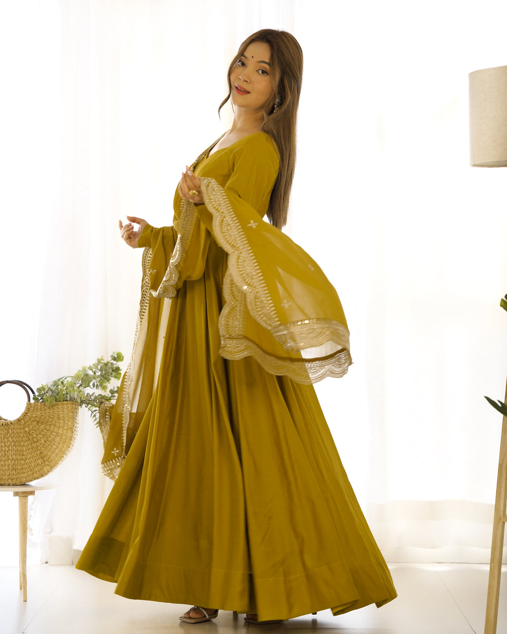 Romansilk Chanderi 16-Kali Anarkali Gown with Sequin Cutwork Dupatta & Stitched Pant