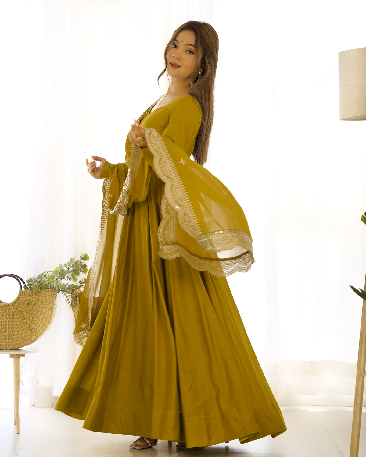 Romansilk Chanderi 16-Kali Anarkali Gown with Sequin Cutwork Dupatta & Stitched Pant