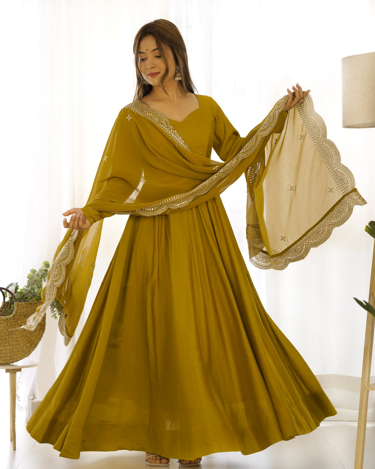 Romansilk Chanderi 16-Kali Anarkali Gown with Sequin Cutwork Dupatta & Stitched Pant