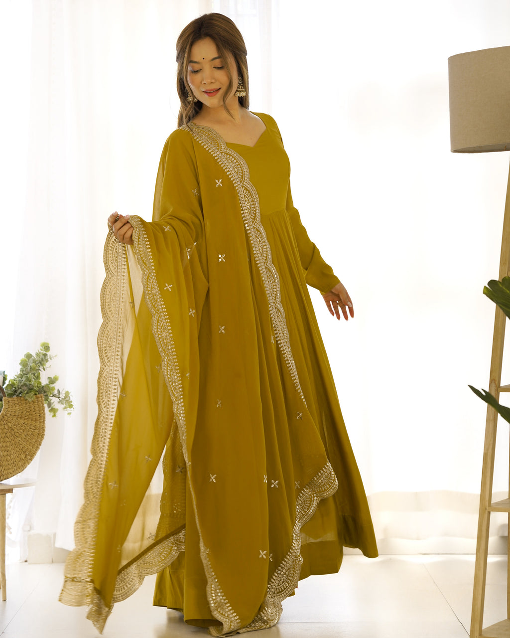 Romansilk Chanderi 16-Kali Anarkali Gown with Sequin Cutwork Dupatta & Stitched Pant