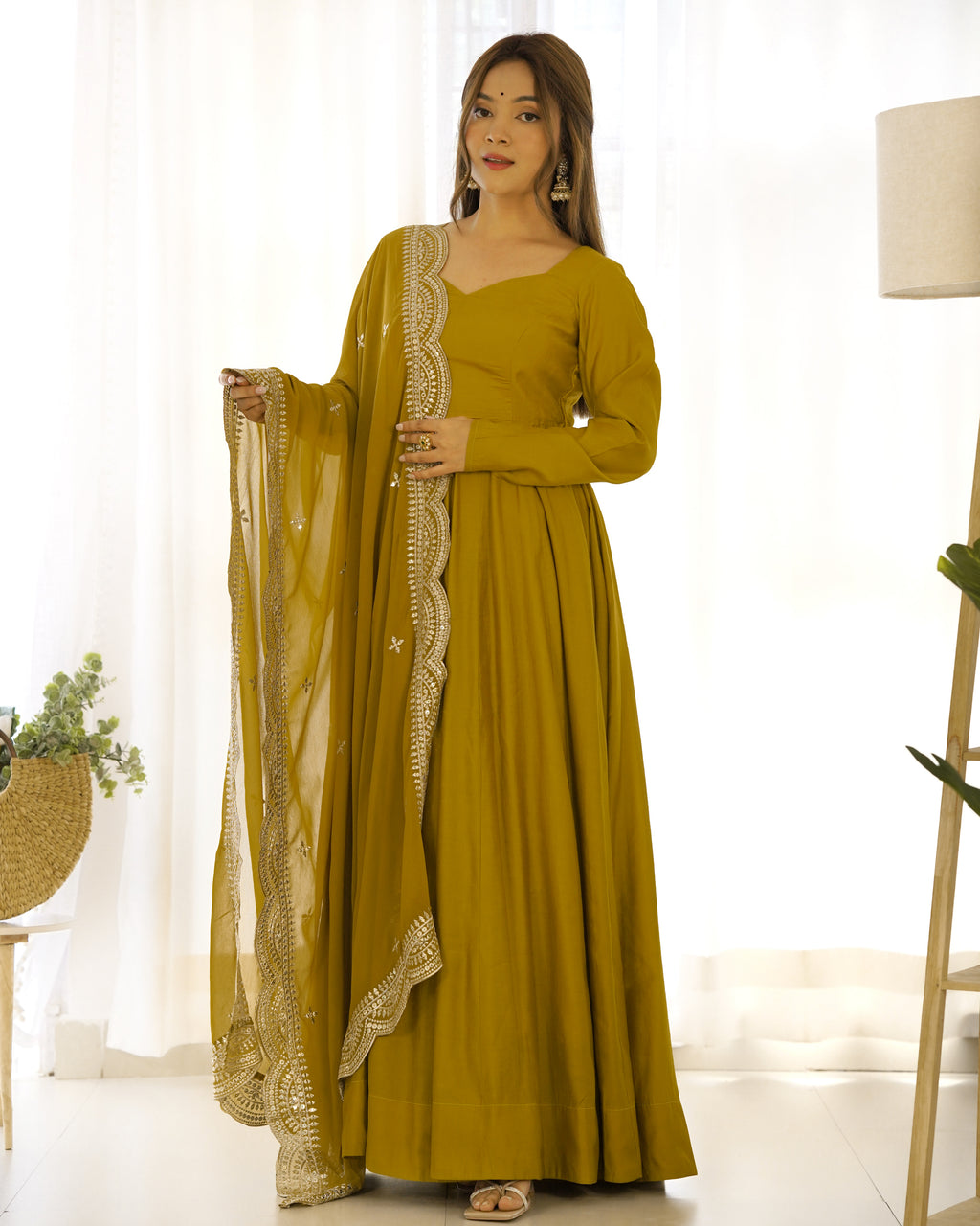 Romansilk Chanderi 16-Kali Anarkali Gown with Sequin Cutwork Dupatta & Stitched Pant
