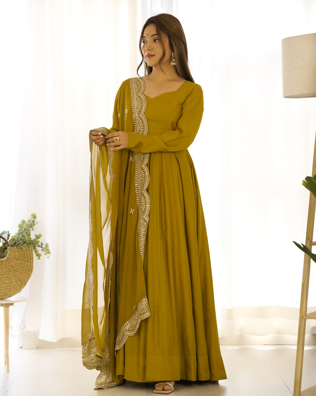 Romansilk Chanderi 16-Kali Anarkali Gown with Sequin Cutwork Dupatta & Stitched Pant