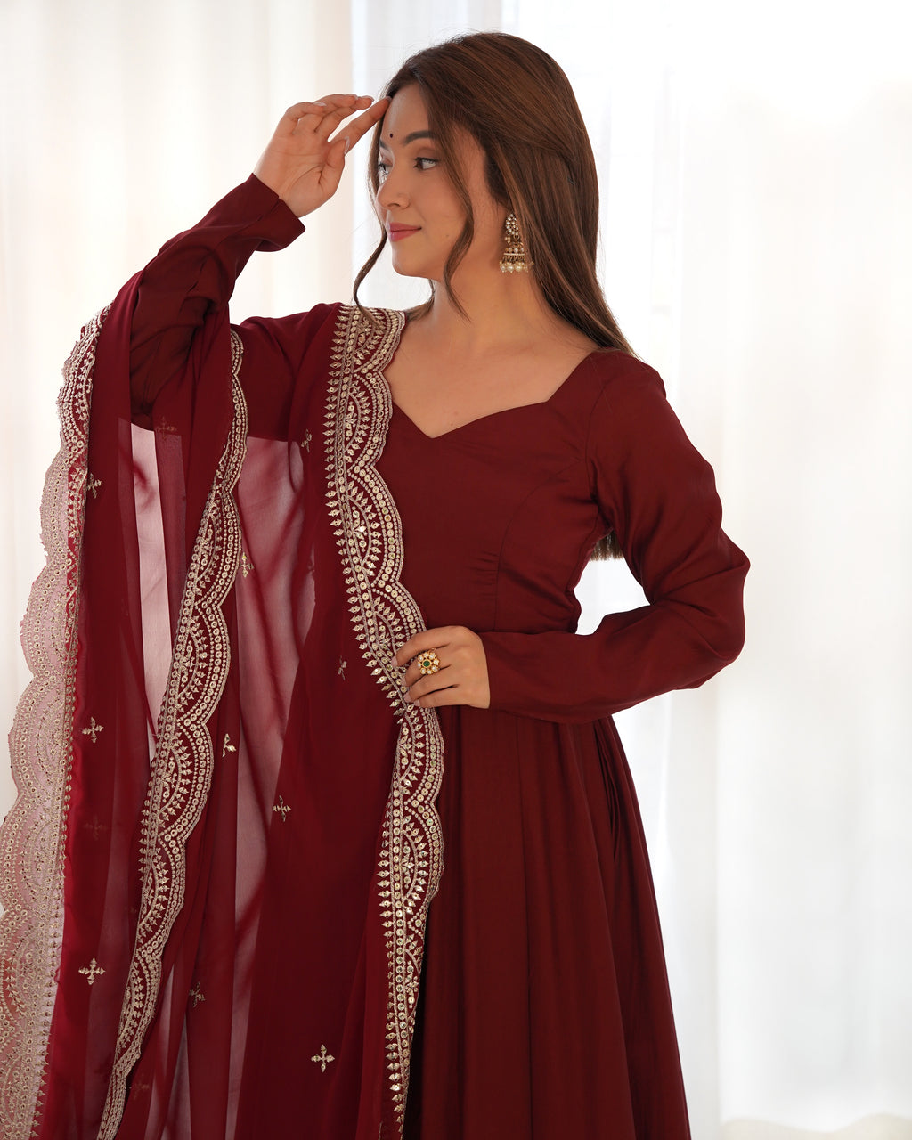 Romansilk Chanderi 16-Kali Anarkali Gown with Sequin Cutwork Dupatta & Stitched Pant