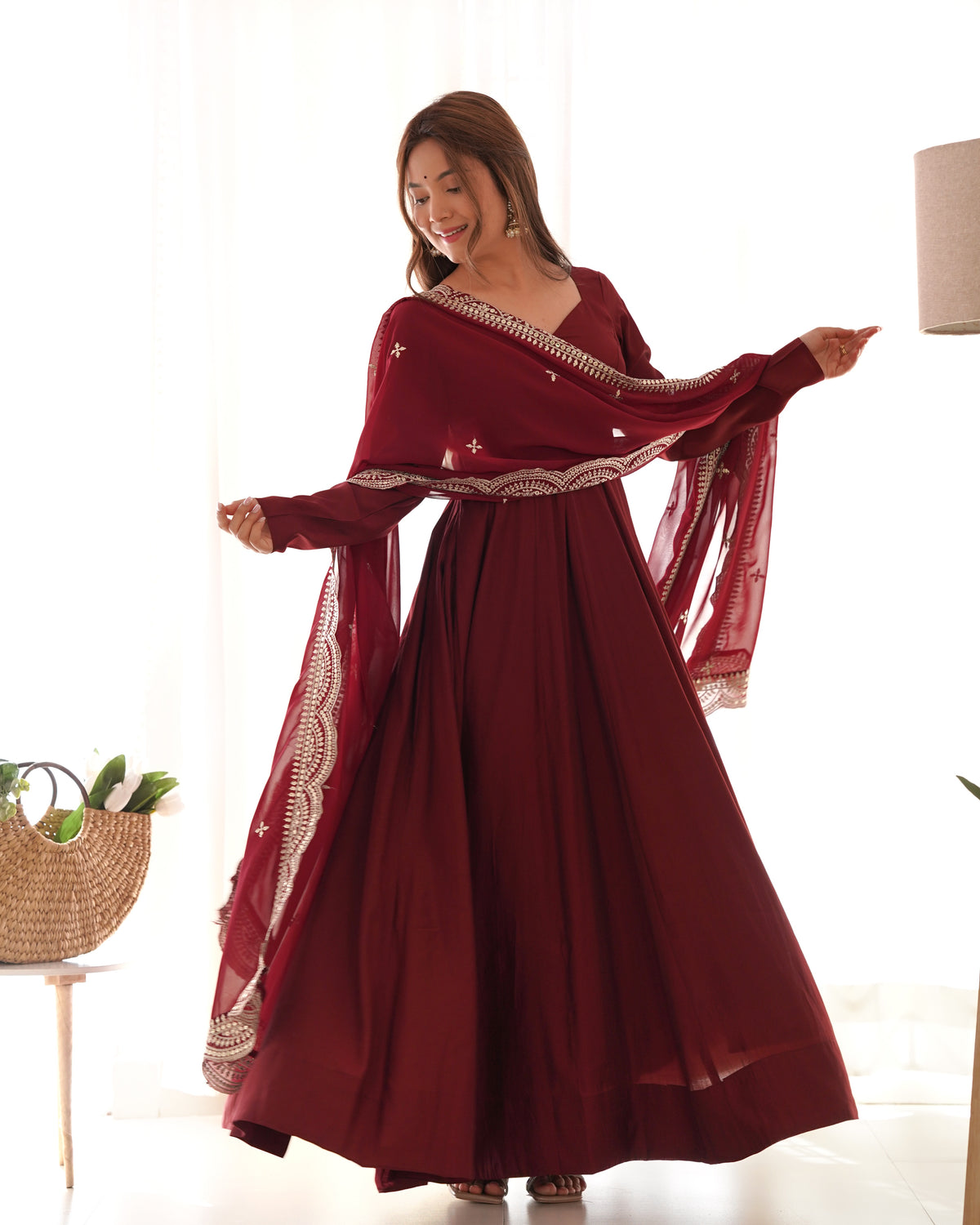 Romansilk Chanderi 16-Kali Anarkali Gown with Sequin Cutwork Dupatta & Stitched Pant