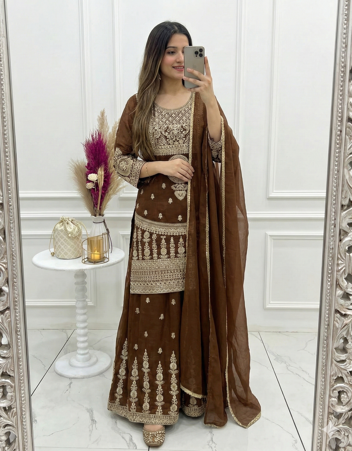 Crunchy Silk Embroidered Sharara Suit with Dori, Jari Work & Fancy Lace Dupatta