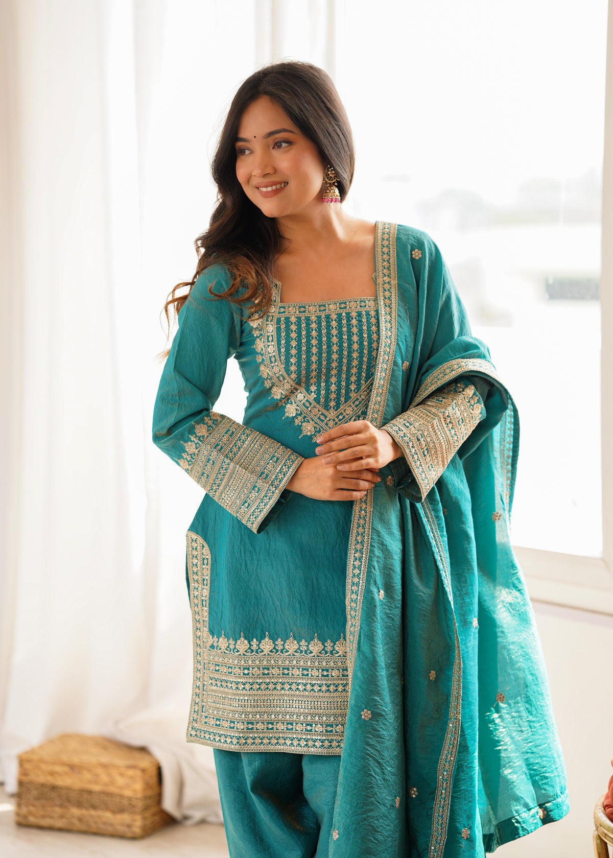 Onion Pink & Sea Green NC Vichitra Silk Embroidered Farshi Shalwar Set with Yoke Work & Dupatta