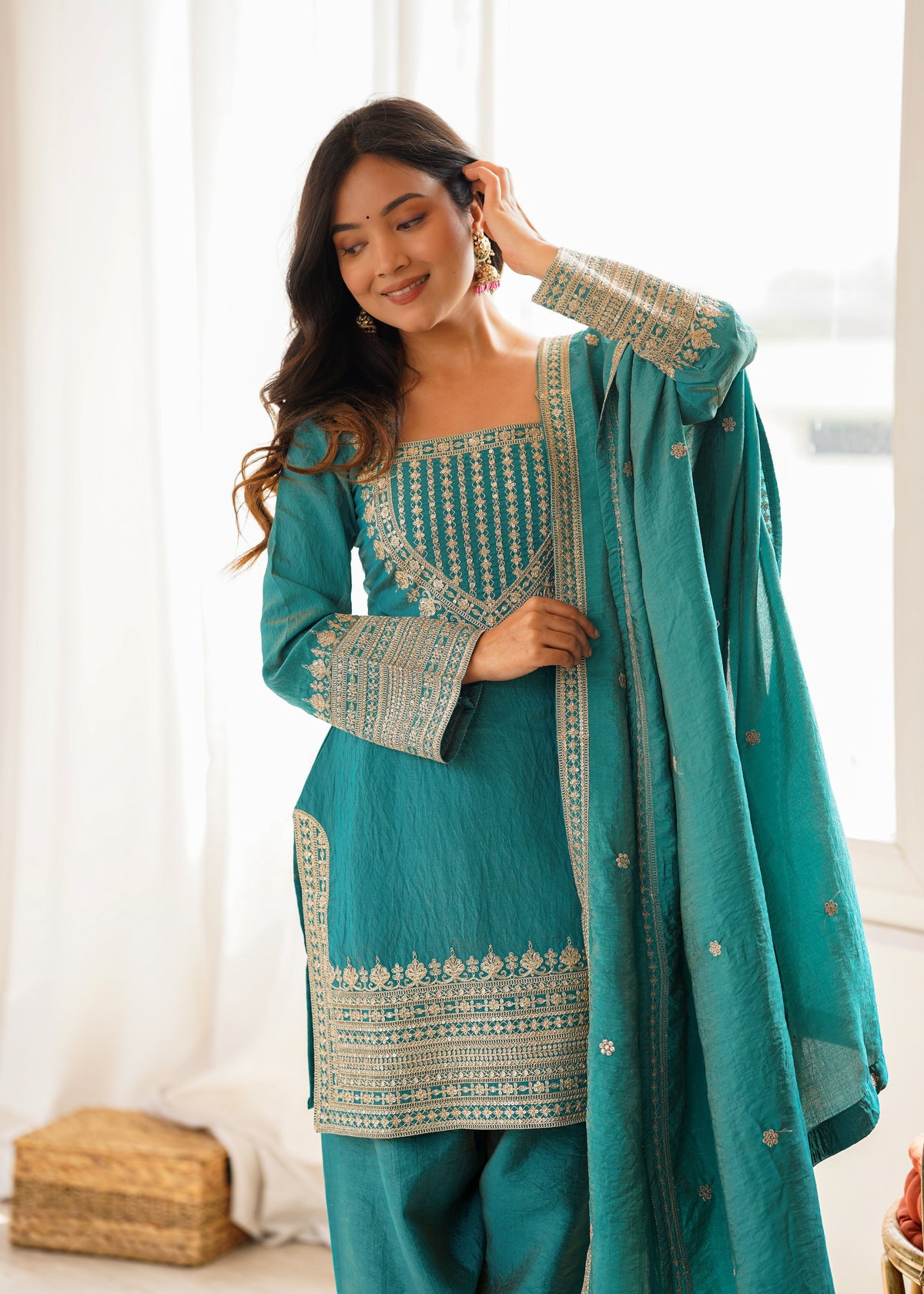 Onion Pink & Sea Green NC Vichitra Silk Embroidered Farshi Shalwar Set with Yoke Work & Dupatta