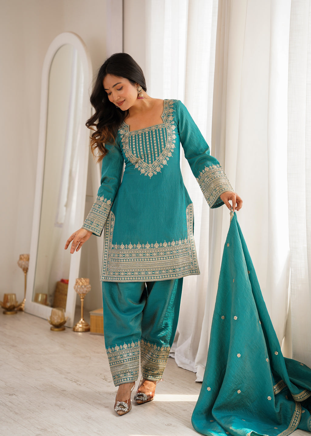 Onion Pink & Sea Green NC Vichitra Silk Embroidered Farshi Shalwar Set with Yoke Work & Dupatta