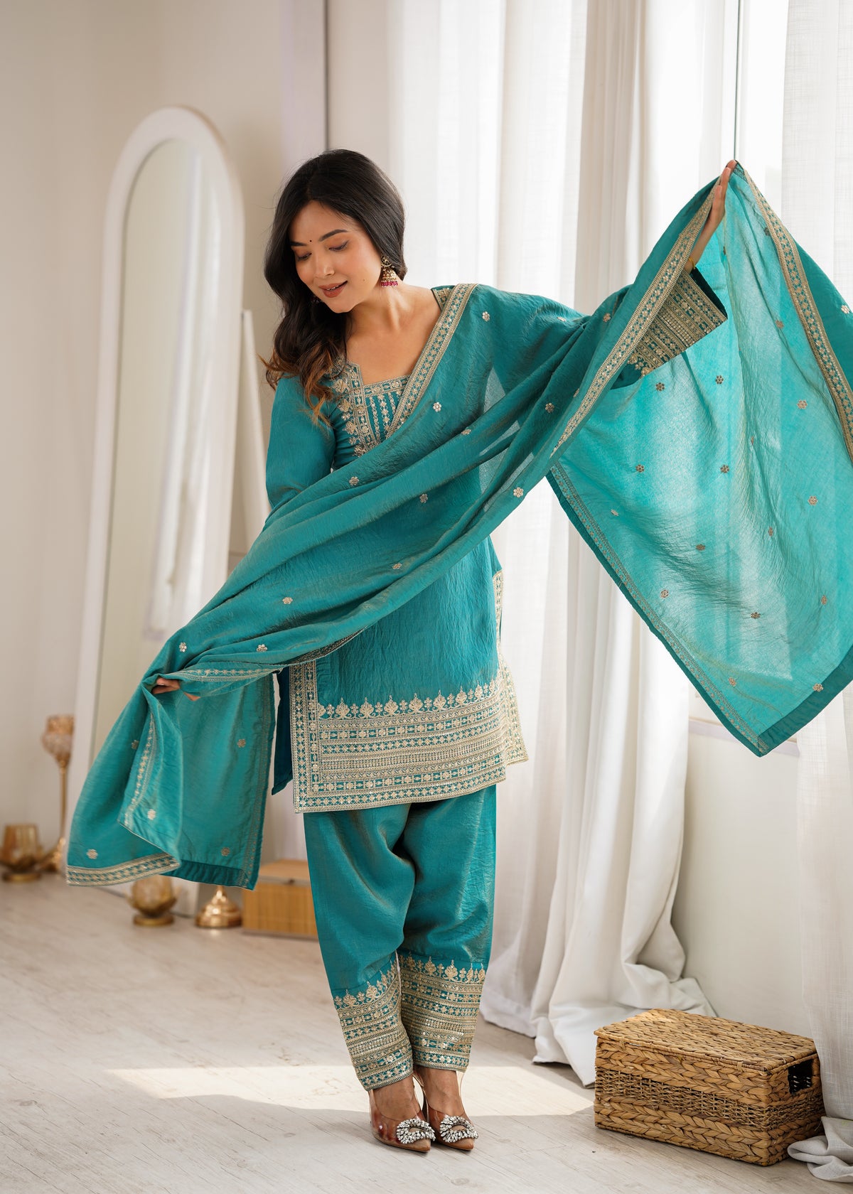 Onion Pink & Sea Green NC Vichitra Silk Embroidered Farshi Shalwar Set with Yoke Work & Dupatta