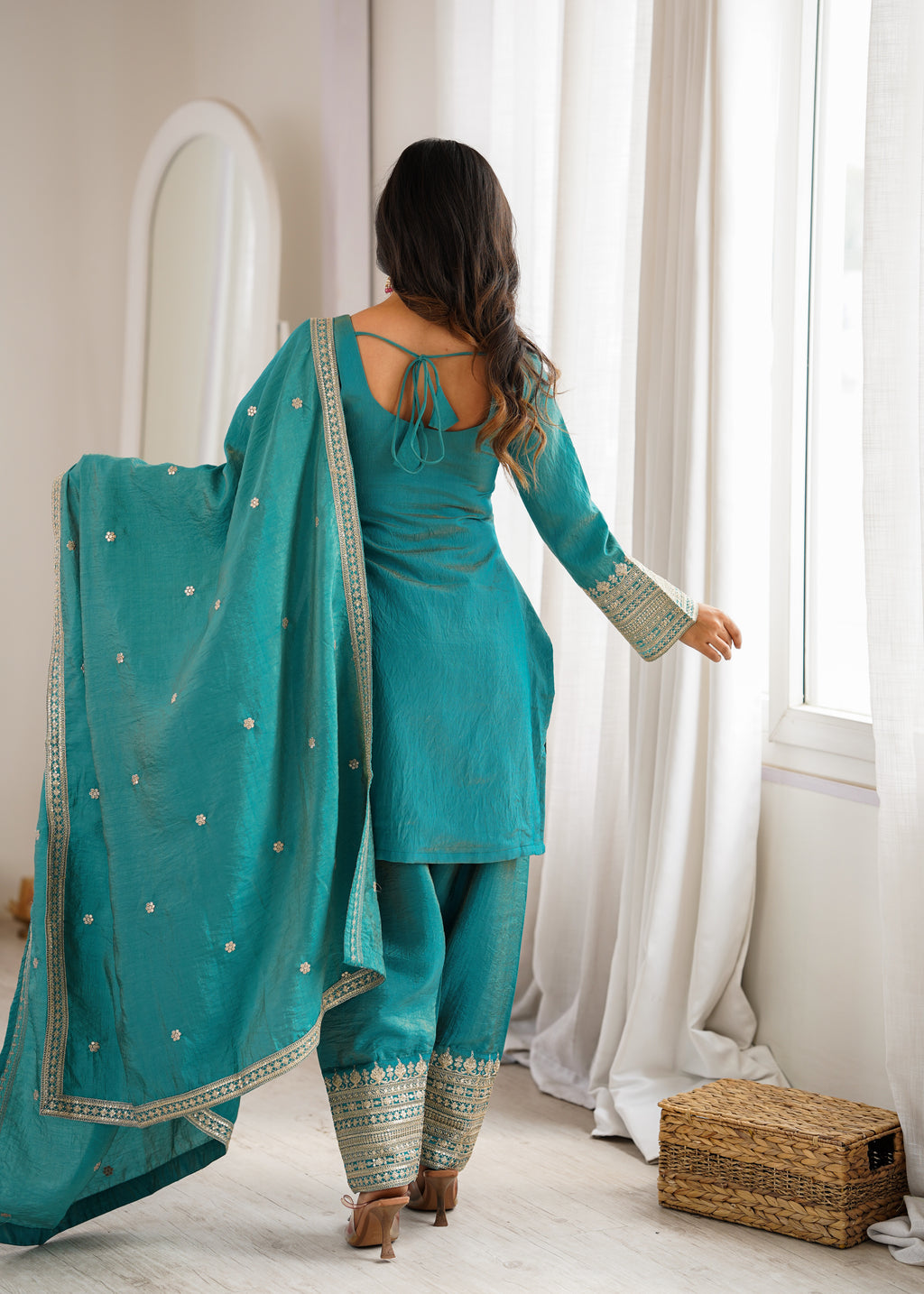 Onion Pink & Sea Green NC Vichitra Silk Embroidered Farshi Shalwar Set with Yoke Work & Dupatta