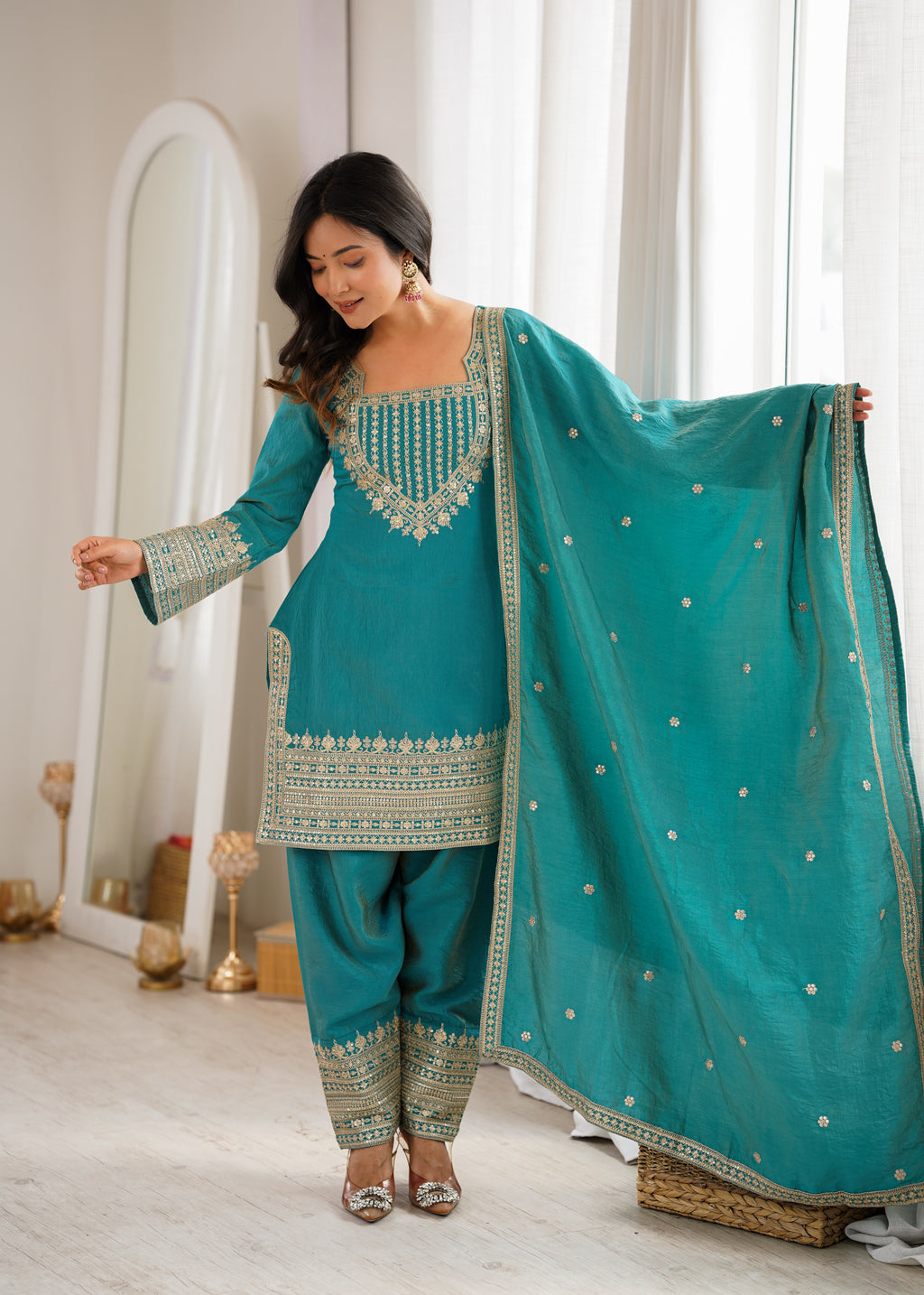 Onion Pink & Sea Green NC Vichitra Silk Embroidered Farshi Shalwar Set with Yoke Work & Dupatta