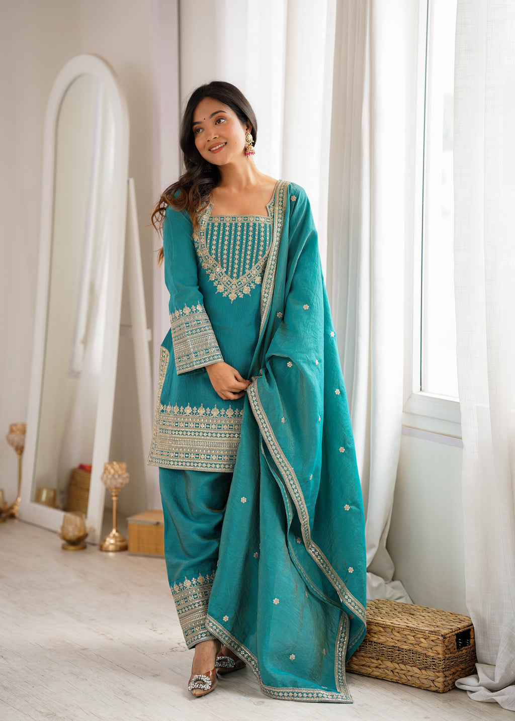 Onion Pink & Sea Green NC Vichitra Silk Embroidered Farshi Shalwar Set with Yoke Work & Dupatta