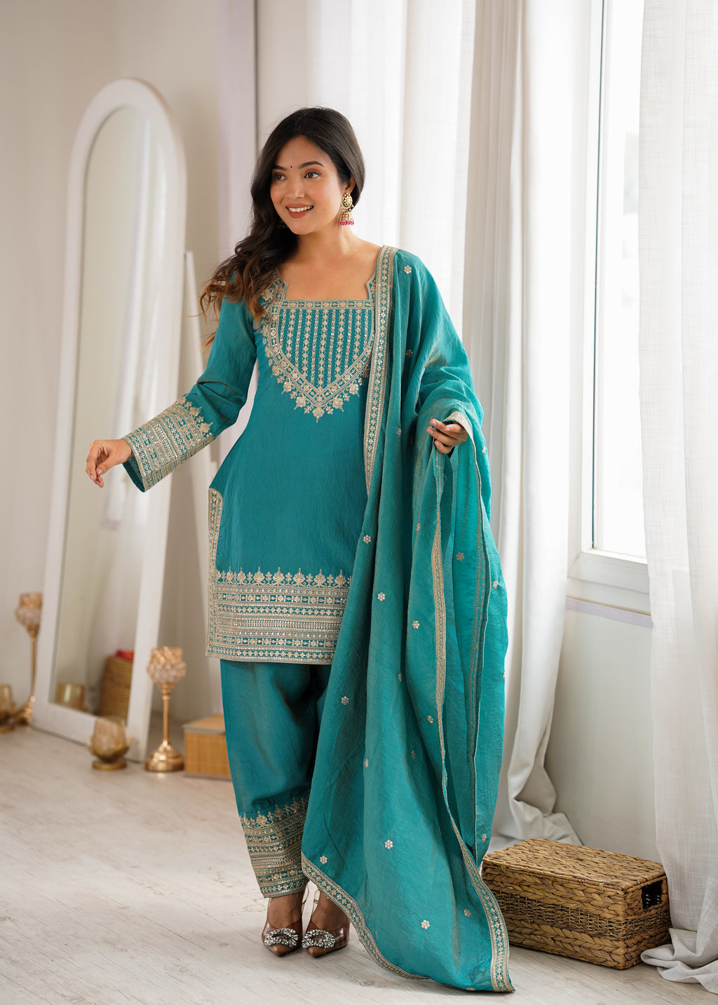 Onion Pink & Sea Green NC Vichitra Silk Embroidered Farshi Shalwar Set with Yoke Work & Dupatta