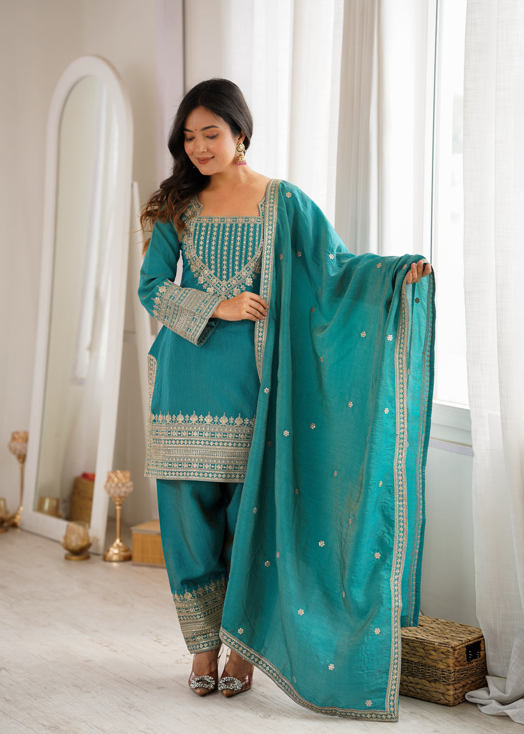 Onion Pink & Sea Green NC Vichitra Silk Embroidered Farshi Shalwar Set with Yoke Work & Dupatta