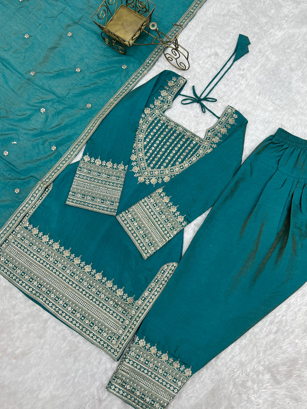 Onion Pink & Sea Green NC Vichitra Silk Embroidered Farshi Shalwar Set with Yoke Work & Dupatta
