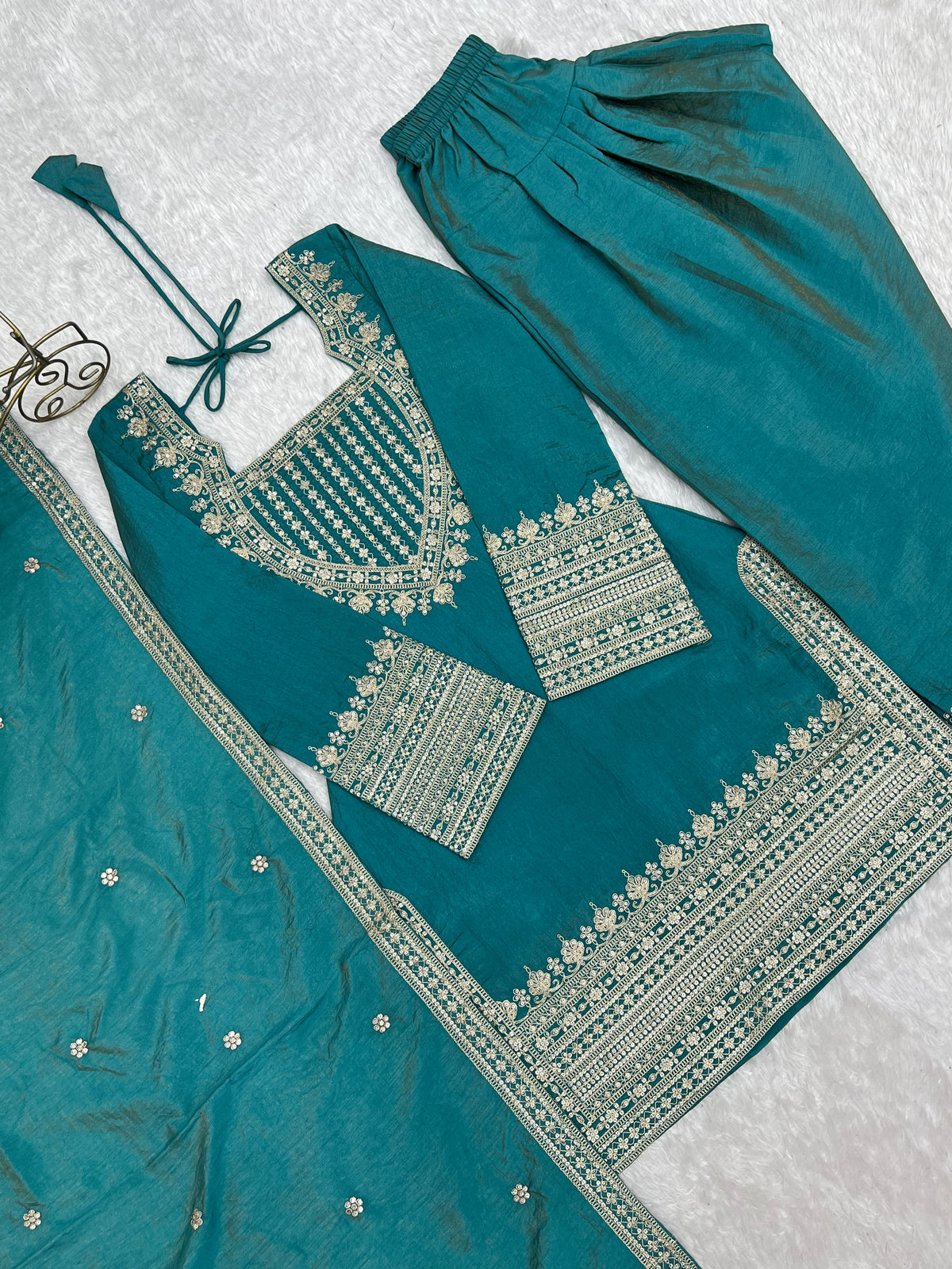 Onion Pink & Sea Green NC Vichitra Silk Embroidered Farshi Shalwar Set with Yoke Work & Dupatta