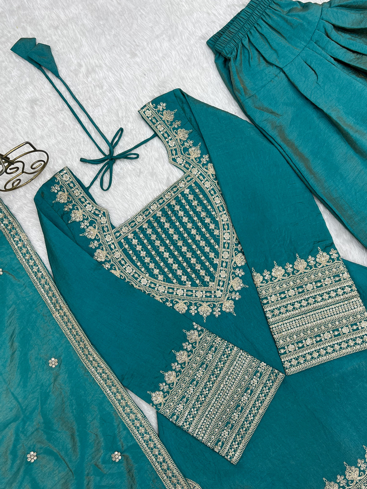 Onion Pink & Sea Green NC Vichitra Silk Embroidered Farshi Shalwar Set with Yoke Work & Dupatta