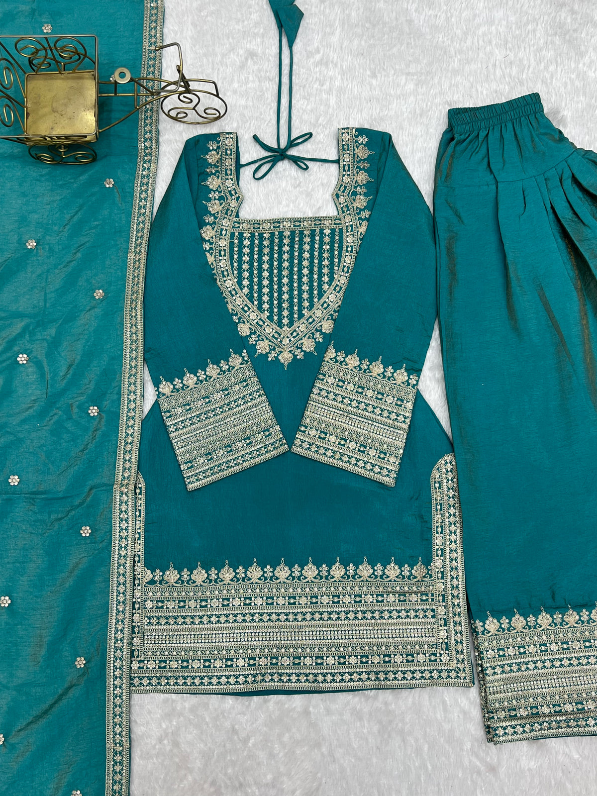 Onion Pink & Sea Green NC Vichitra Silk Embroidered Farshi Shalwar Set with Yoke Work & Dupatta