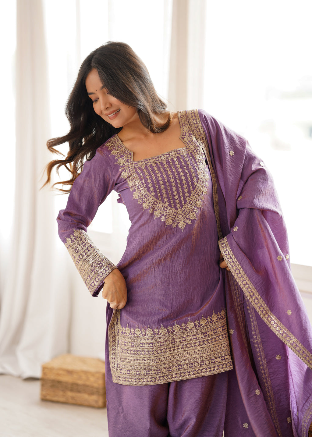 Onion Pink & Sea Green NC Vichitra Silk Embroidered Farshi Shalwar Set with Yoke Work & Dupatta